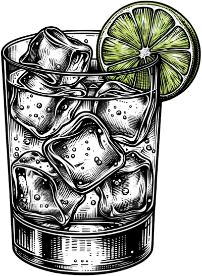 Glass of gin and tonic with ice and lime.