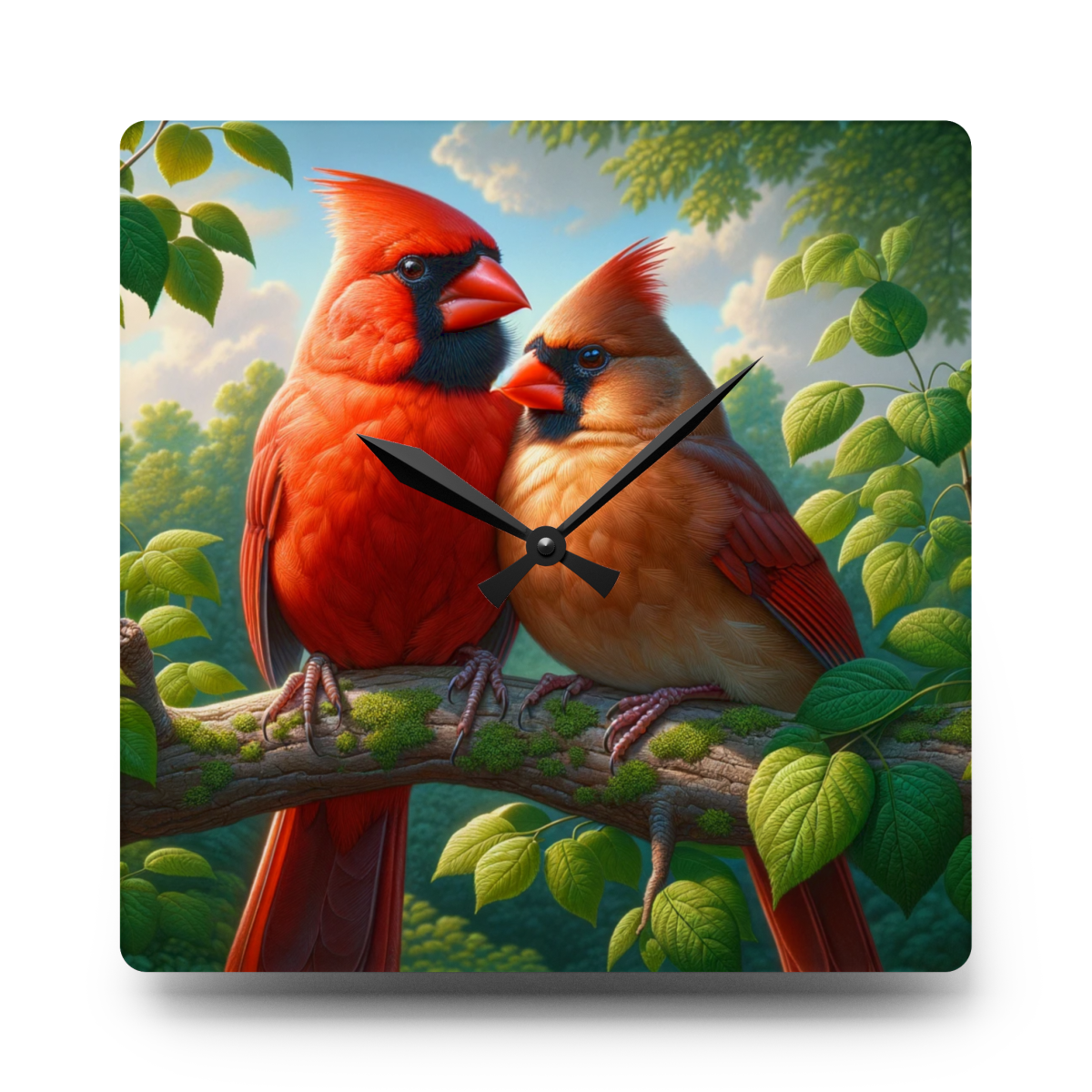 Beautiful cardinals in love clock.