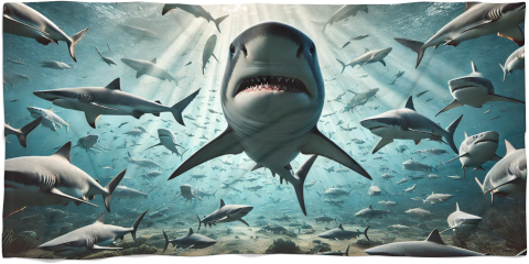 Shark feeding frenzy beach towel.